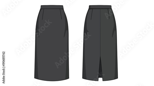 Modern charcoal pencil skirt technical flat sketch front and back views with subtle tailoring a timeless wardrobe staple for formal and business