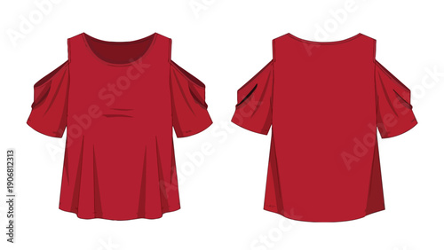 Vibrant crimson off-shoulder top with a graceful relaxed fit presented in a clear front and back view perfect for fashion design concepts and