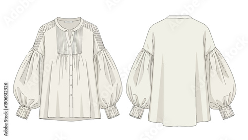An intricate technical fashion flat sketch depicting a sophisticated women's loose-fit blouse, showcasing elegant voluminous balloon sleeves,