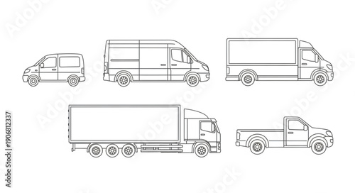 Collection of various delivery trucks and vans outline drawings.