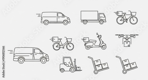 Collection of various delivery vehicles and transport icons.