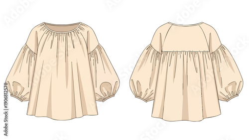 Professional technical flat sketch of a modern women's blouse with voluminous gathered balloon sleeves and a relaxed silhouette. This illustration