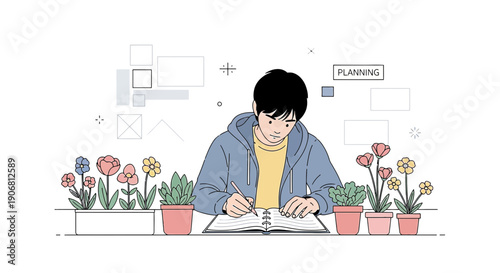 Young person drawing flowers in notebook, surrounded by potted plants, minimalist illustration