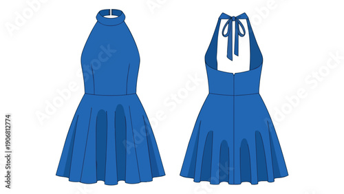 Sleek blue halter dress flat fashion sketch showcasing front and back views for design projects