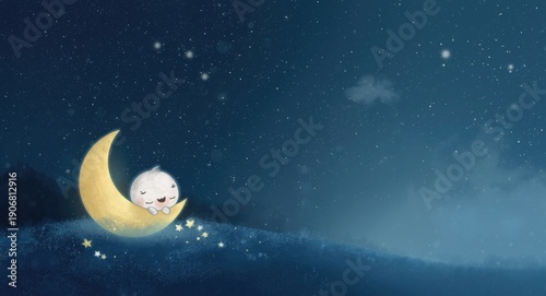 Illustrated moon character dozing softly in a starry night landscape