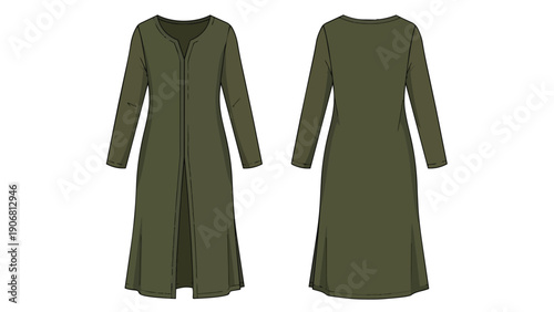 Technical flat sketch of a modern olive green long-sleeved midi length tunic dress, detailed front and back views for garment design development and