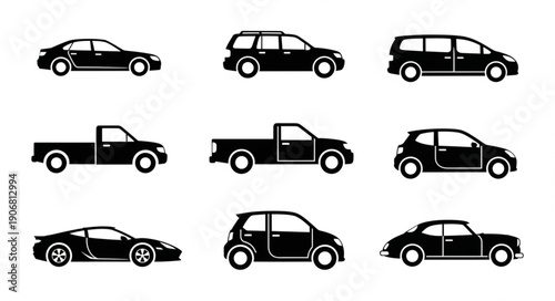 Collection of various car silhouettes on a white background.