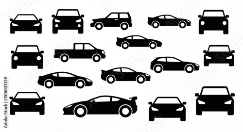 Collection of Various Car Silhouettes on White Background.