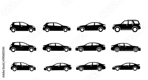 Collection of Various Car Silhouettes on White Background.