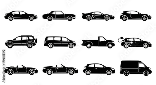 Collection of Various Car Silhouettes on White Background.