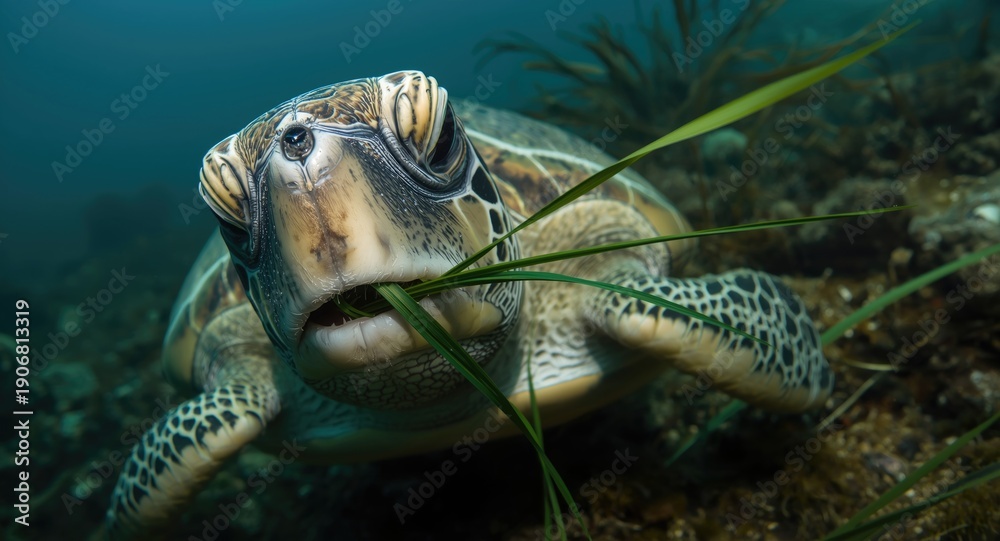 Obraz premium Close-up photo of a green sea turtle munching healthy sea grass underwater