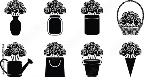 Set of rose flower arrangements in various containers silhouette icons