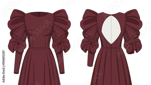 Elegant maroon dress design featuring voluminous puff sleeves and a chic back cutout a perfect formal garment illustration