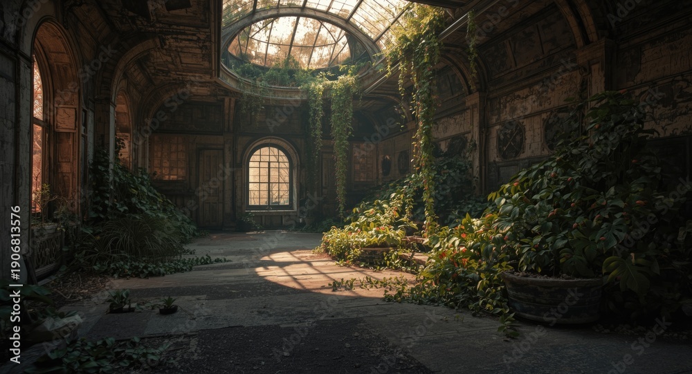 Fototapeta premium Deserted station chamber brightened by window light and overwhelmed by unusual plant growth