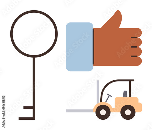 Business operations, logistics, approval workflow, security, manual work, supply chain. Key, hand giving thumbs up and forklift illustration. Security and approval workflow