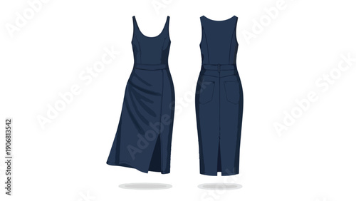 Elegant dark blue midi dress, showcasing both front and back views. This versatile sleeveless apparel design is perfect for modern women's fashion