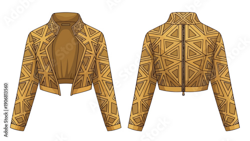 Contemporary geometric pattern cropped jacket fashion design illustration showcasing front and back views a stylish apparel blueprint for modern