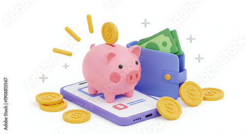 A pink piggy bank sits on a purple smartphone with a blue wallet and gold coins nearby.