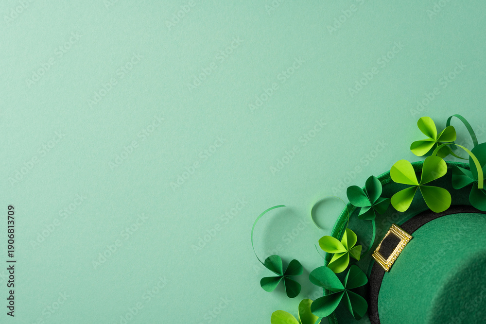 Naklejka premium Vibrant green hat with clover leaves and a gold buckle evokes St Patrick Day celebration, Irish luck, and festive style in a bright holiday scene