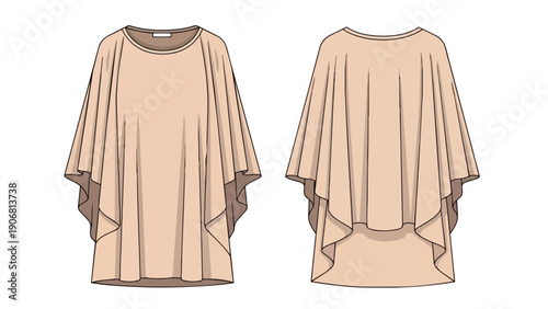 Fashion flat sketch of a fluid, draped tunic top showcasing front and back views for versatile garment design