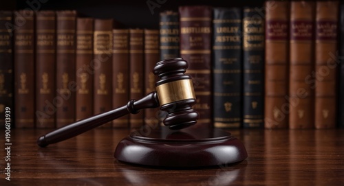 Wallpaper Mural Judge's gavel positioned on elegant wood plank in front of a study shelf filled with law and justice texts Torontodigital.ca