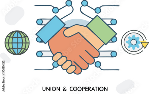 A person's hand holds a digital globe and business card to symbolize a global network connection through touch screen technology and social media icons