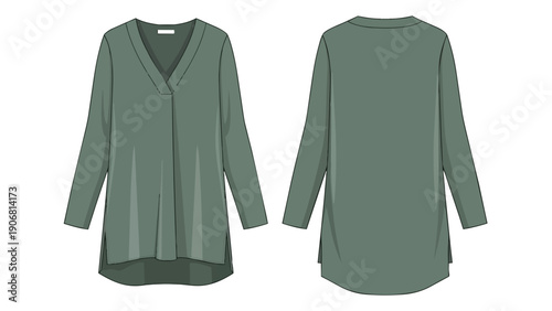 Technical fashion flat sketch of a women's long-sleeve v-neck tunic top, displaying both front and back views. This modern design boasts a relaxed
