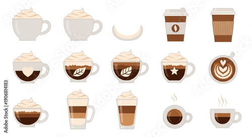 Collection of various coffee drinks and cups.