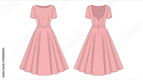 Elegant pink short-sleeved dress technical drawing, showcasing front and back views, a vital resource for fashion design, pattern making, and