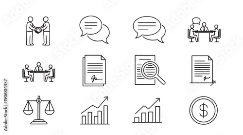 Business Icons: Handshake, Chat, Meeting, Document, Analysis, Law, Growth, Finance