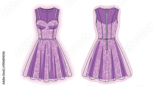 Modern purple a-line dress illustration showcasing intricate abstract geometric patterns and a chic sweetheart neckline perfect for contemporary