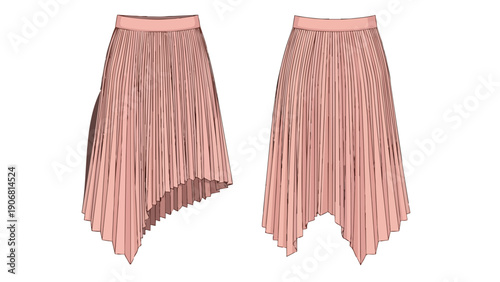 Detailed digital illustration of a contemporary blush pink pleated skirt featuring an elegant asymmetrical hemline, ideal for fashion design and