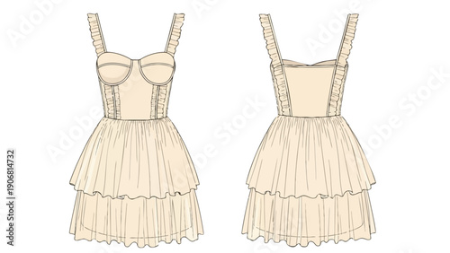 Detailed fashion technical drawing showcasing a delicate cream-colored tiered ruffled mini dress design, presented from both front and back views