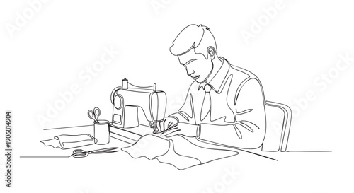Continuous single line drawing of a man using a sewing machine to sew fabric, depicting focus and precision in a minimalist style.