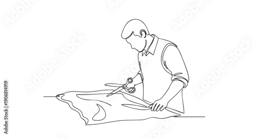 A continuous line drawing shows a tailor using scissors to cut fabric on a table, creating a minimalist and elegant illustration for design or fashion content.