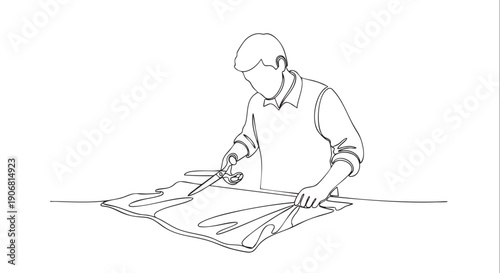 Continuous line drawing of a man cutting fabric with scissors, creating a minimalist design ideal for tailoring, fashion, or creative arts themes.