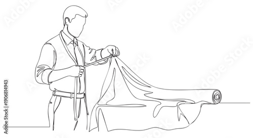 Continuous line drawing of a man measuring fabric with a measuring tape, focusing on fashion design or textile production. Ideal for illustrating tailoring or sewing related concepts.