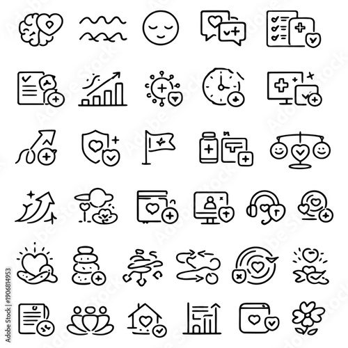 Collection of Simple Line Icons Representing Health and Technology Concepts on a Plain Background