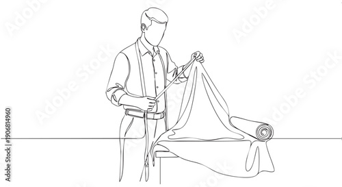 Single line art depicts a tailor examining a fabric roll on a table, conveying focus and craftsmanship in a minimalist style.