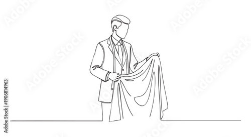 Single line drawing of a dressed man holding a drape, implying fashion design and elegance, perfect for style or design concepts.