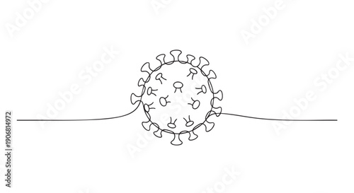Single continuous line art illustration of a coronavirus cell on a white background, suitable for concepts related to medicine, health, and pandemic awareness.