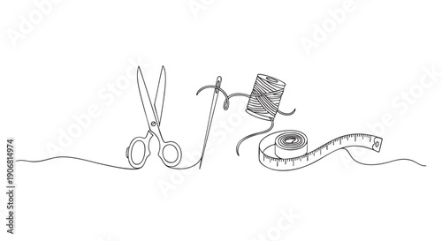 Minimalist illustration of sewing tools: scissors, needle, thread, measuring tape on white. Perfect for craft blogs or textile design.