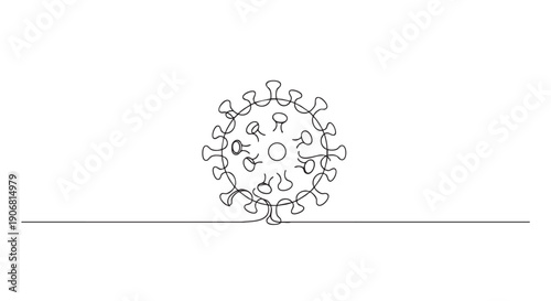 Minimalist one line drawing shows the coronavirus microbe; black line on a white background; useful as abstract art.