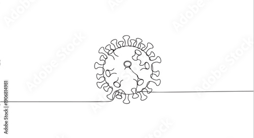 Continuous line drawing shows coronavirus on a white background, perfect for medical illustration, graphic design, or conceptual health-related content.