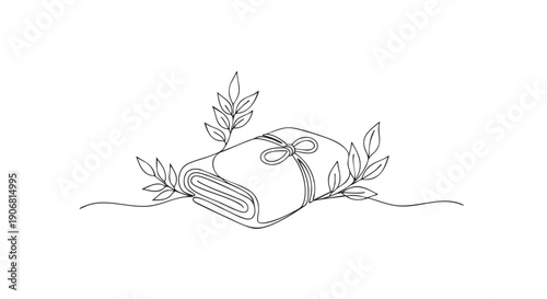 Minimalist line drawing of a folded towel, tied with a bow, and adorned with leaves, creating a soft, simple and elegant aesthetic.