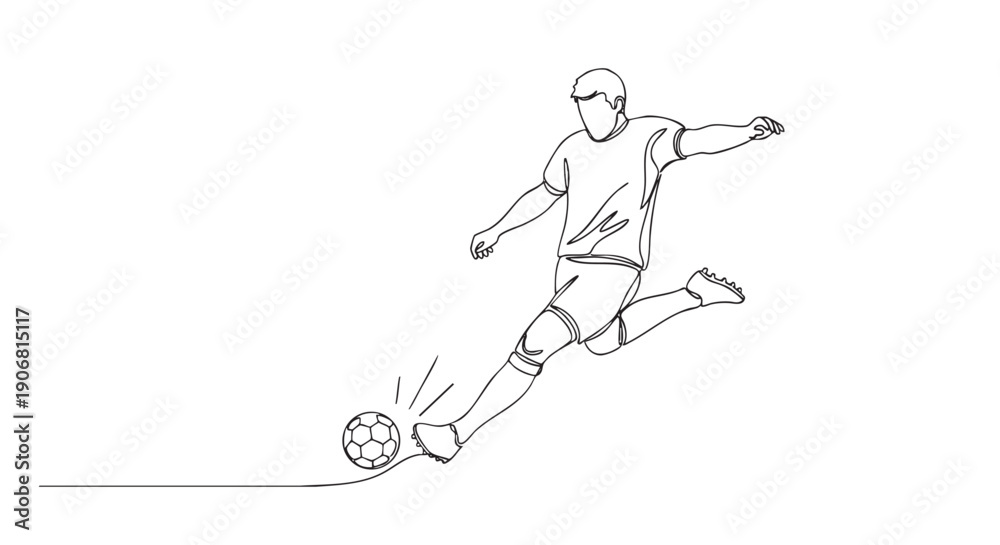 Fototapeta premium Continuous line drawing illustration of a soccer player kicking a ball in motion, perfect for sports themes, design elements and creative projects.