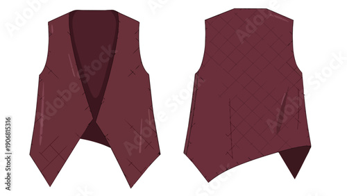 An illustrated depiction of a worn maroon vest, showcasing its front and back views with subtle distressed texture. This versatile garment embodies