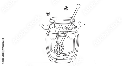 A minimalistic, continuous line drawing shows a honey jar, honey dipper, and bees, ideal for logos, packaging, or illustrating natural food concepts.