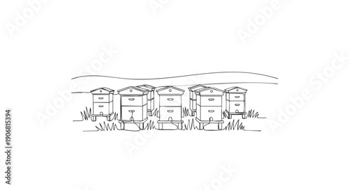 Line art illustration of several beehives situated in a field, drawn with thin black lines against a white background, creating a minimalist and clean visual for various applications.