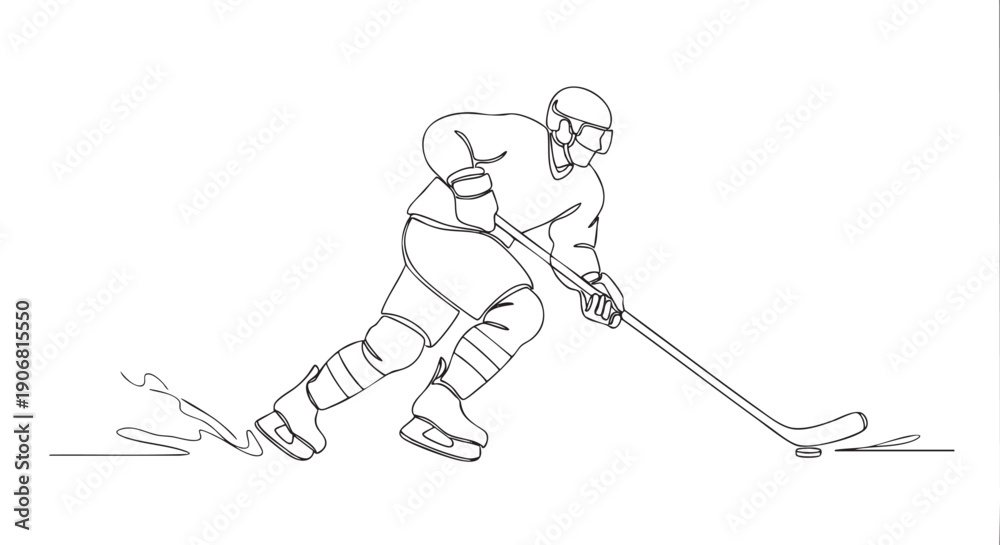 Obraz premium Continuous line art drawing of a hockey player skating and pushing the puck on a white background, suitable for design and artistic concepts.